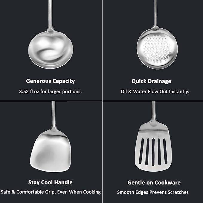 18/10 Stainless Steel Kitchen Utensils Set 4 Pcs Cooking Utensil with Wood Handle, 15” Long Handle Spatula, Soup spoon, Leaking shovel, Kitchen Tools Set (Wood handle - 4 Piece)