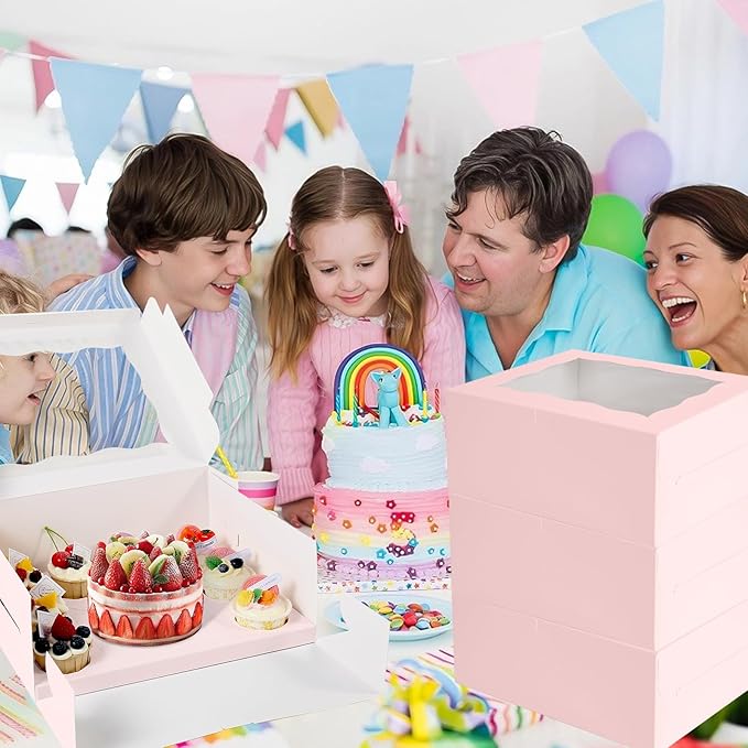 Pink 1+8 paper box 10pcs Bakery Boxes with Window,Stackable Cake and Cupcake Carriers, for Birthdays & Parties (Pink, 1+8(10Pack))