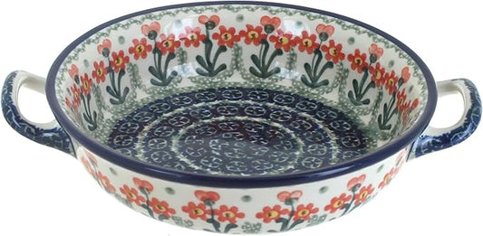 Blue Rose Polish Pottery - Orange Peach Posy Mini Casserole Dish with Handles - 6.75" Diameter - Unique, Dishwasher Safe, & Durable Bakeware