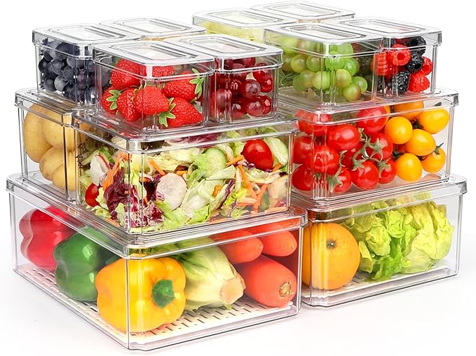 14 Pack Fridge Organizer, Stackable Refrigerator Organizer Bins with Lids PBA-Free, Clear Fridge Organizers and Storage for Kitchen, Countertops, Cabinets, Fridge, Drinks, Fruits, Vegetable, Cereals