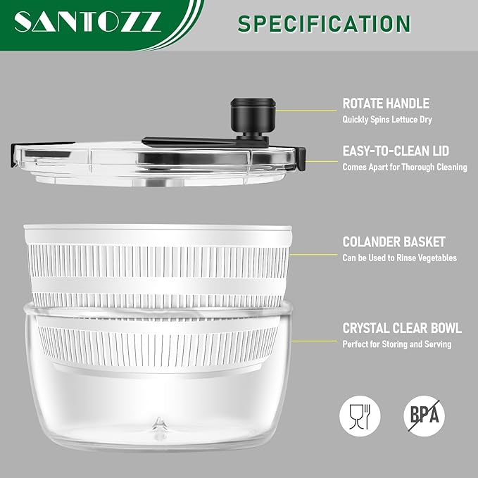Santozz Rotary Salad Spinner with Bowl 4.2Qt, Lettuce Dryer, Vegetable Washer, Colander and Build in Draining System for Washing, Draining Vegetables, Greens and Fruits