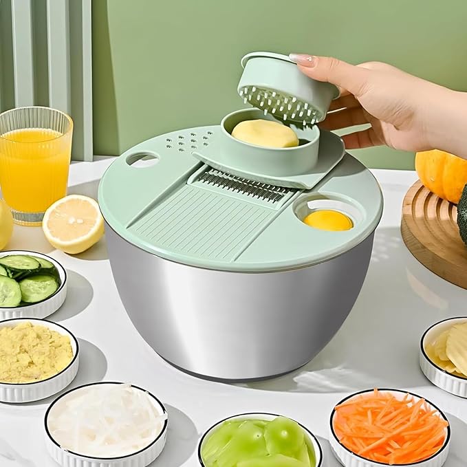 Airpro Stainless Steel Salad Spinner, Durable Lettuce Spinner with 5 Blade Slicer, Stop Button, Drainage Hole, Egg Yolk Strainer Shredder, Non-Slip Base, Vegetable Dryer, Fruit Washer, Dishwasher Safe