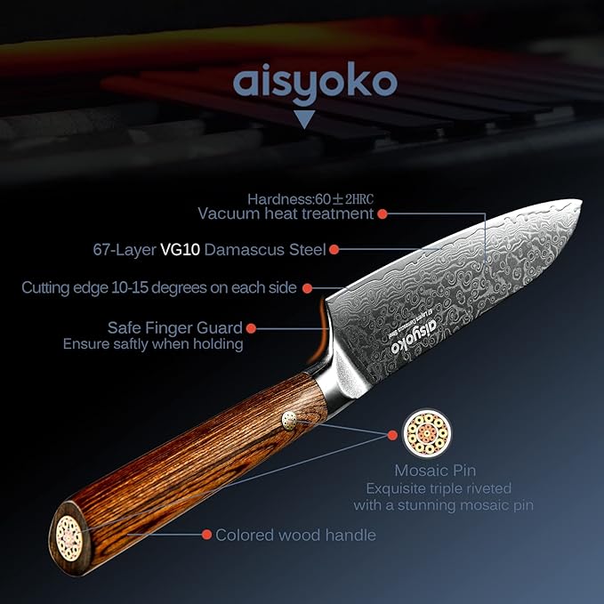 Santoku Knife 5 inches-Japan VG-10 Super Steel 67 Layer Damascus Steel-Sharp Kitchen Knife-Luxury Gift Box with Colored Wooden Handle-With Scabbard