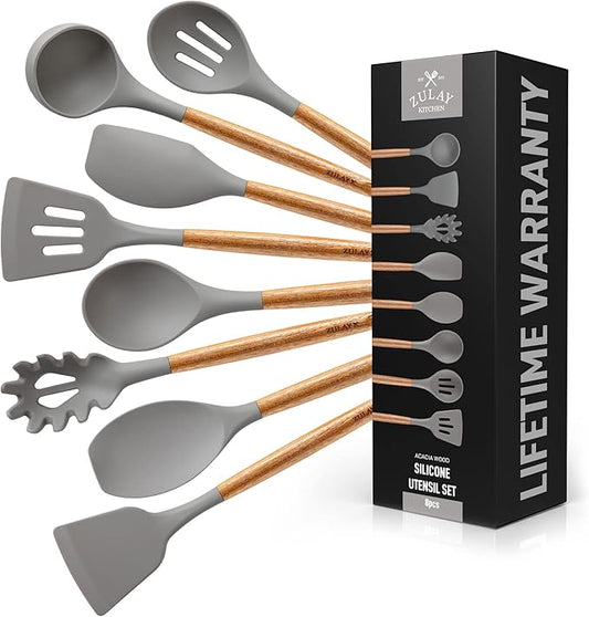 Zulay Kitchen Utensils Set Non-Stick Silicone Cooking Utensils Set with Authentic Acacia Wood Handles - 8 Piece Set - Silicone Kitchen Utensils Set with 464°F Heat Resistance - Gray