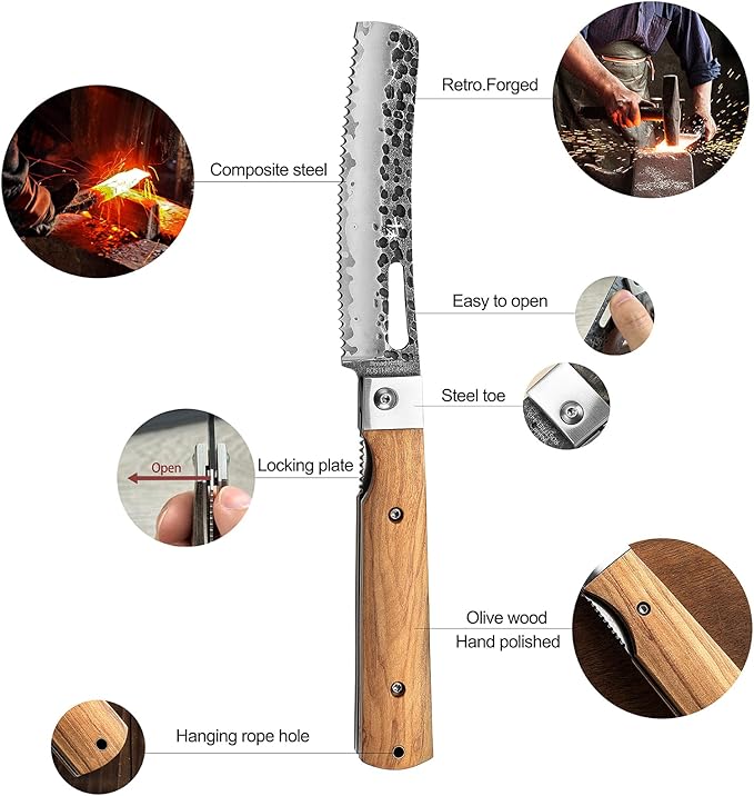 SENBON Forged 440A Stainless Steel pocket folding Bread knife Natural Olive Handle Camping trip Outdoor Portable Serrated knife