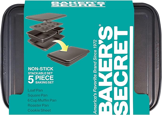 Baker's Secret Stackable Baking Set of 5 Bakeware Pans, Bakeware Set, Baking Pan Set Includes Muffin Pan, Roaster Pan, Square Pan, Cookie Sheet, Loaf Pan, Easy Store, Dishwasher Safe, Baking Supplies
