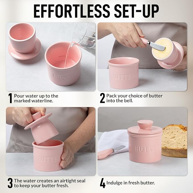 Zulay Kitchen Porcelain Butter Crock With Lid & Knife - Authentic French Butter Dish For Fresh & Spreadable Butter - Pink