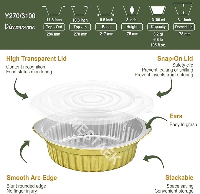 10.5" Extra-Deep Aluminum Foil Pans with Integrated Handles and Snap-On Lids (5 pcs) | 2X Thickness Heavy-Duty Reusable Tin for Baking and Cooking