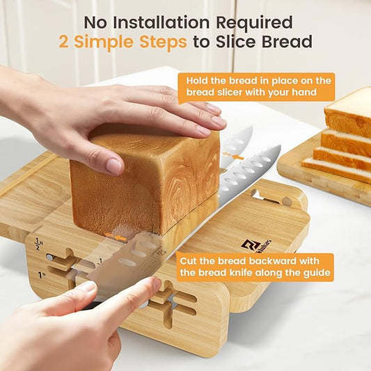Bread Slicer With Bread knife, World's 1st Horizontal Bread Cutter for Homemade Bread, 4 Thickness Adjustable, Paired With Multifunction Serrated Knife for Efficient Slicing, Baking Gifts