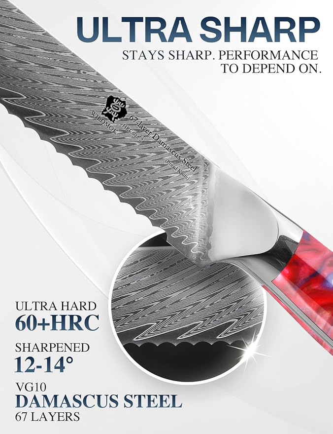WILDMOK Serrated Bread Knife, 8 inch Damascus Steel, Japanese VG10 Core, Best Bread & Cake Knife, Resin Handle Gift Box