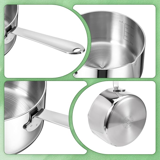 18/10 Stainless Steel Butter Warmer Measuring Pan, 0.5 Quart Small Sauce Pan with Dual Pour Spout, 17OZ/500ml Coffee Milk Chocolate Butter Melting Pot