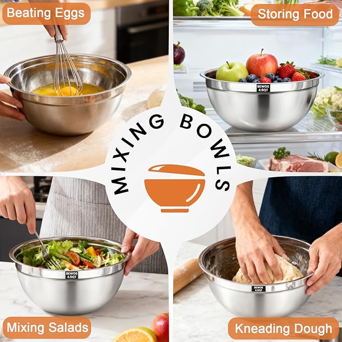 BEWOS Mixing Bowls with Airtight Lids Set - 5 Pcs Stainless Steel Mixing Bowls With 3 Grater Attachments, Size 4.5, 4, 3.5, 2.1, 1.5QT Metal Bowls for Baking and Serving (Black)
