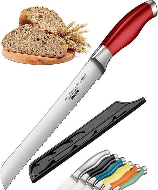 Orblue Serrated Bread Knife Ultra-Sharp Stainless Steel Professional Grade Bread Cutter - Cuts Thick Loaves Effortlessly - (8-Inch Blade with 4.9-Inch Handle), Red