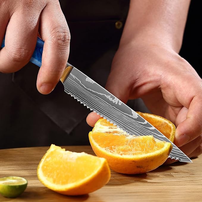 Serrated Steak Knife Set - 6pcs Premium 4.5 inch Kitchen Cutting Steak Knives, German Stainless Steel KnifeTable Dinner Knife with Blue Resin Handle for Home Restaurant, Gift Box