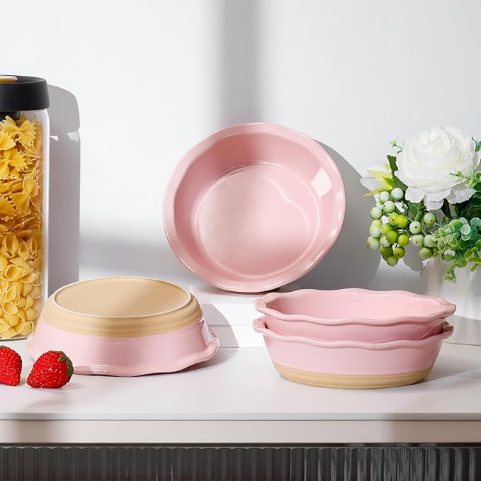 NUTRIUPS Small Pie Pans Set of 2, 6.5 Inch Ceramic Mini Pot Pie Baking Dishes, Oven Safe (6.5in, Pink, 2PCS)