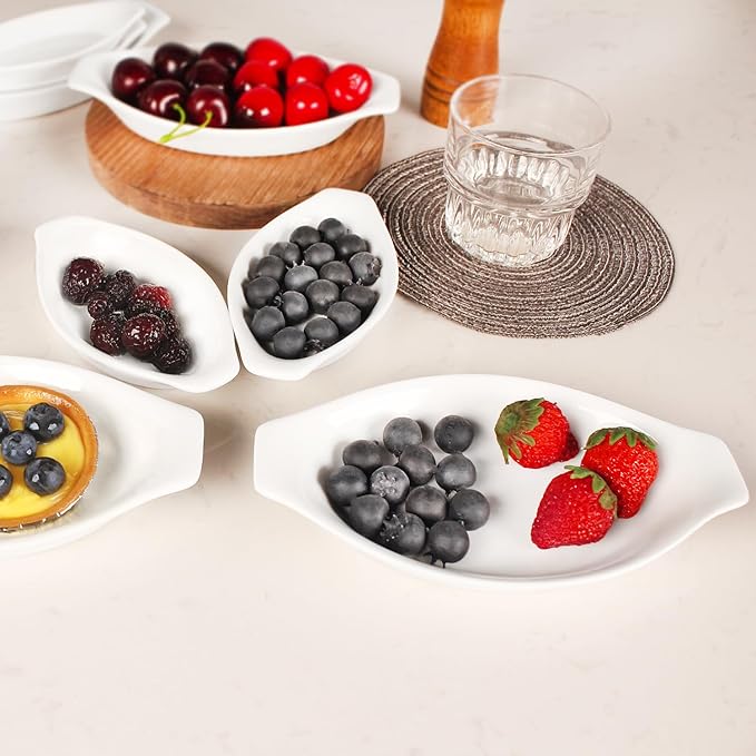 4" x 3"Ceramic Mini Oval Au Gratin Baking Dishes 3.5 oz, Set of 4 Banana Split Bowls,Oven and Microwave Safe, for 1 person servings, Bakeware with Handle(6.5 IN) for Kitchen and Home