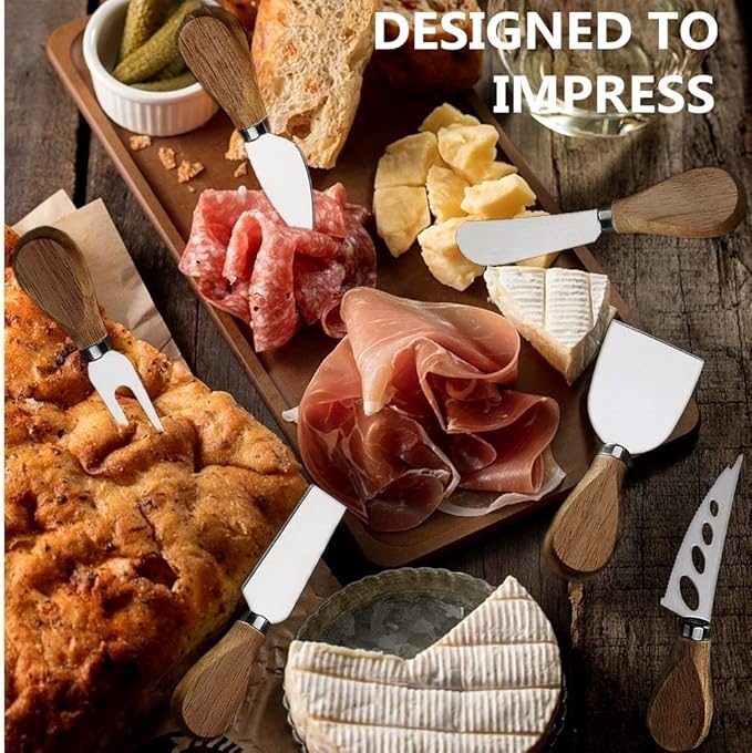Premium 6-Piece Cheese Knife Set,Complete Stainless Steel Cheese Knives Collection (Acacia Wood Handle)-Charcuterie Boards Accessories,Gift-Ready