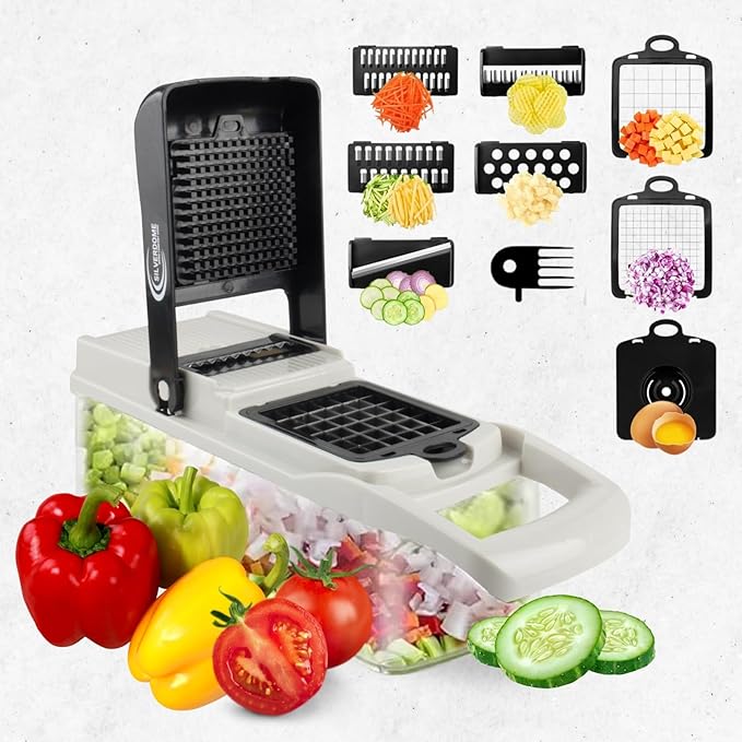 Vegetable Chopper, 14 Piece set, Dicing Blades, Slicing Blades, Lattice Blade, Shredding Blades, Egg Seperator, Garlic Grinder, Brush, Drain Basket, Finger Guard, kitchen tool