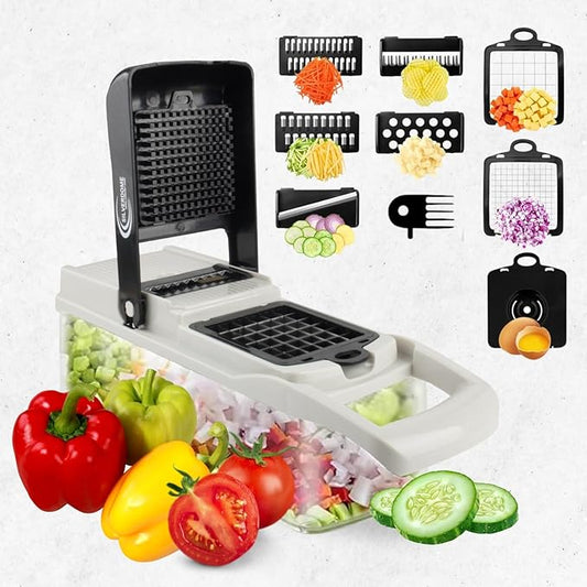 Vegetable Chopper, 14 Piece set, Dicing Blades, Slicing Blades, Lattice Blade, Shredding Blades, Egg Seperator, Garlic Grinder, Brush, Drain Basket, Finger Guard, kitchen tool