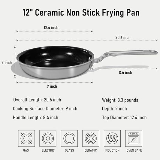 12 Inch Ceramic Non Stick Frying Pans - 5 Ply Stainless Clad Nonstick Skillet, Toxic, PTFE & PFOA FREE, Professional Cookware for Induction, All Stoves and Oven up to 450°F