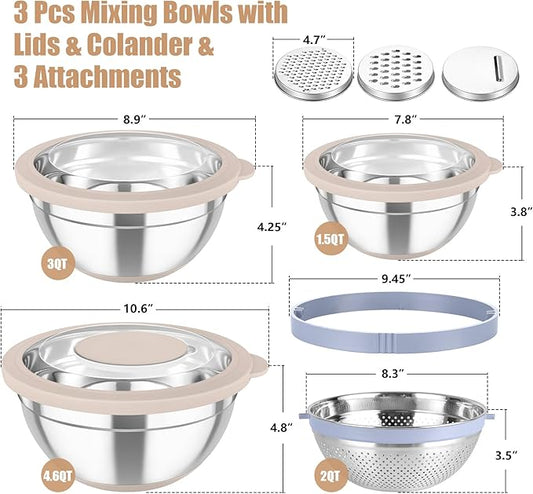 TeamFar Mixing Bowls with Colander Set, Stainless Steel Strainer and Nesting Salad Bowls, with Lids & 3 Graters, Non-Slip Bottom & Visible Lid, Rotatable & Dishwasher Safe, 4.6/3/1.5 QT, Khaki