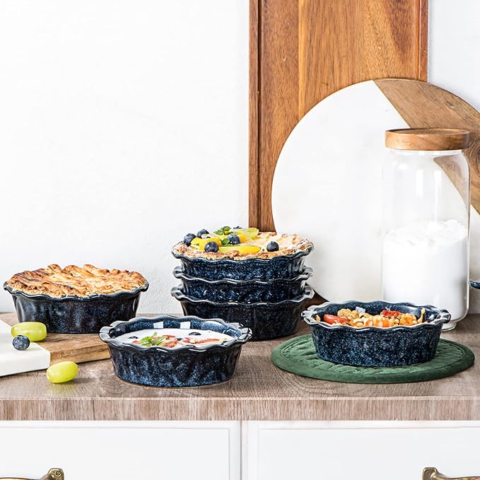 vicrays Ceramic Pie Pan for Baking - 5.5 inch Small Pie Plates Deep Dish Round Pot Casserole Mini Serving Bowl, Microwave Oven Safe for Dessert Apple Pie Cake Tart Pizza, Set of 6 - Blue
