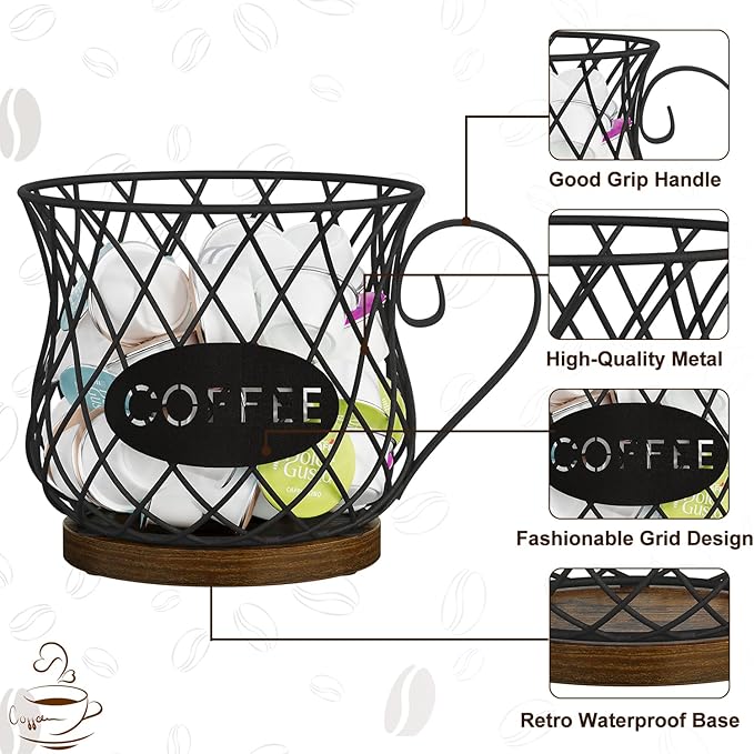 YINMIT K Cup Holder Organizer, Rustic Coffee Pod Holder Organizer, 35 Kcup Holder for Counter with Handle,Large Capacity Black Wire Coffee Capsule Basket for Kitchen Office Desktop (Circular Grid)