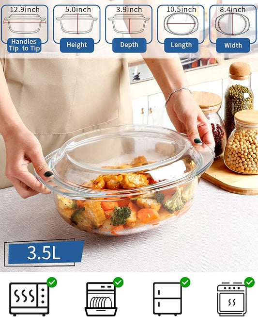 Oval Glass Casserole Dish With Lid Glass Casserole Dishes With Lids Glass Microwave Casserole dish with Lid Covered Glass Bakeware Oven Safe, Glass Casserole With Lid 3.5 Litres
