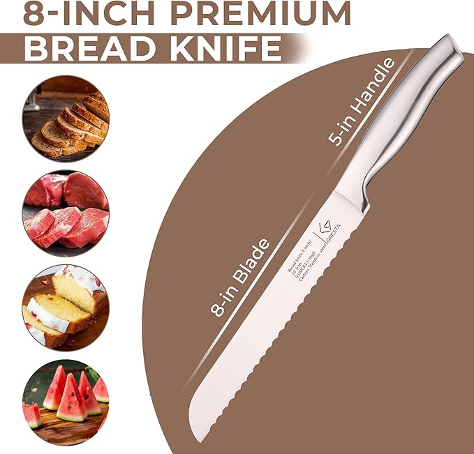 Bread Knife – Serrated Bread Knife for Homemade Bread, Razor-Sharp Stainless Steel Blade, Ideal for Slicing Sourdough, Bagels, Cake & More (Black, 8 Inches)