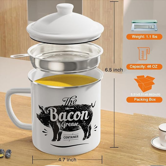 Bacon Grease Container With Strainer, 46OZ Large Enamel Grease Container, With Silicone Spatula, Farmhouse Bacon Grease Keeper, Cooking Oil Container For Kitchen Fat Storage, Dishwasher Safe-White