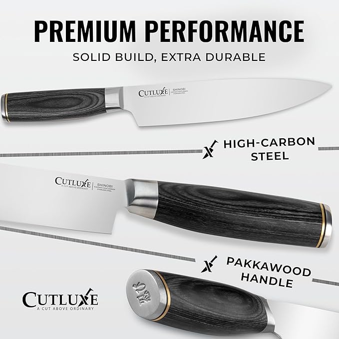 Cutluxe 3-Piece Chef Knife Set – Ultra Sharp Japanese Kitchen Knives, High Carbon Stainless Steel Blades, Full Tang Pakkawood Handles – Shinobi Series