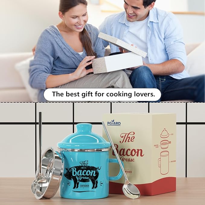 PGYARD Mini Bacon Grease Container With Strainer - 15OZ Enamel Grease Saver, Farmhouse Bacon Grease Keeper For Kitchen Fat Storage, Dishwasher Safe-Light Blue