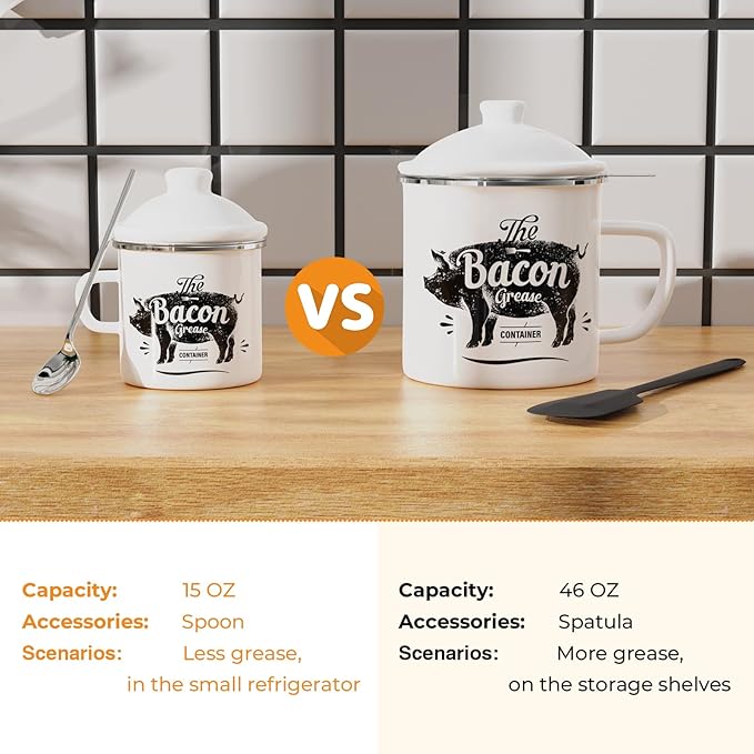 PGYARD Mini Bacon Grease Container With Strainer - 15OZ Enamel Grease Saver, Farmhouse Bacon Grease Keeper For Kitchen Fat Storage, Dishwasher Safe-White