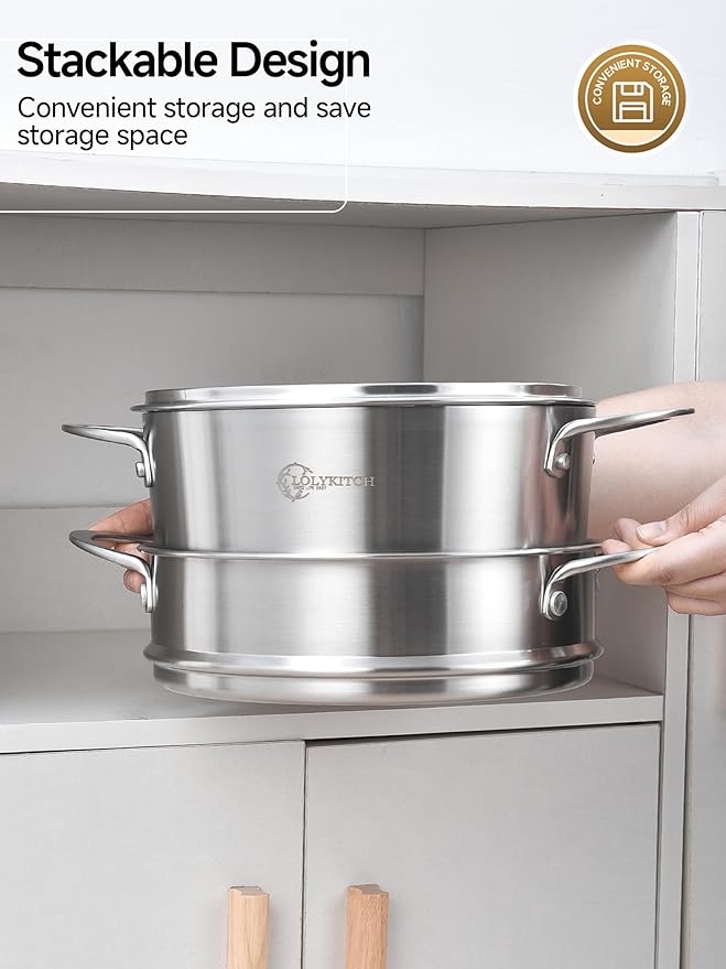 LOLYKITCH Tri-ply Stainless Steel 5 QT Stock Pot with Steamer,Induction Cooking Pot,Pots and Pans,Heavy Duty,Dishwasher and Oven Safe.