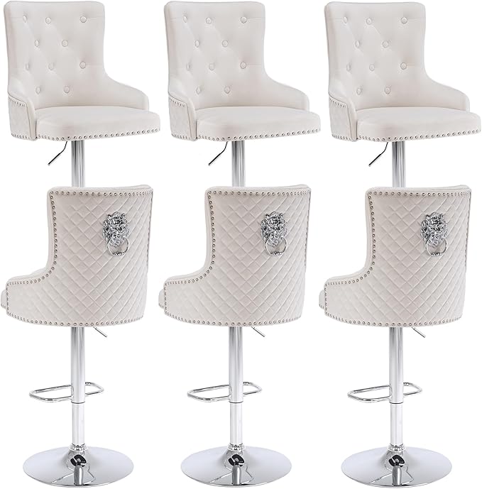 Velvet Lion Bar Stools Set of 6, Modern Height Adjustable Swivel Barstools with Chrome Base, Tufted Counter Height Bar Stools Upholstered Bar Chairs for Kitchen Island, Dining Room, Beige