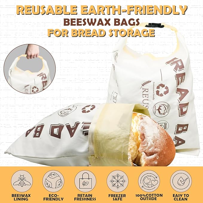 2 Pack Beeswax Bread Bags for Homemade Sourdough,Cotton Beeswax Bags for Bread Storage,Reusable Food Storage Bag For Keeping Fresh(White,13x17in)