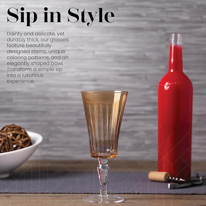 Vikko Water Glasses, Elegant Goblet with Stem, Timeless Collection 13 Ounce Unique Glass Cup for Fine Dining, Set of 4 Amber Glasses, Dishwasher Safe