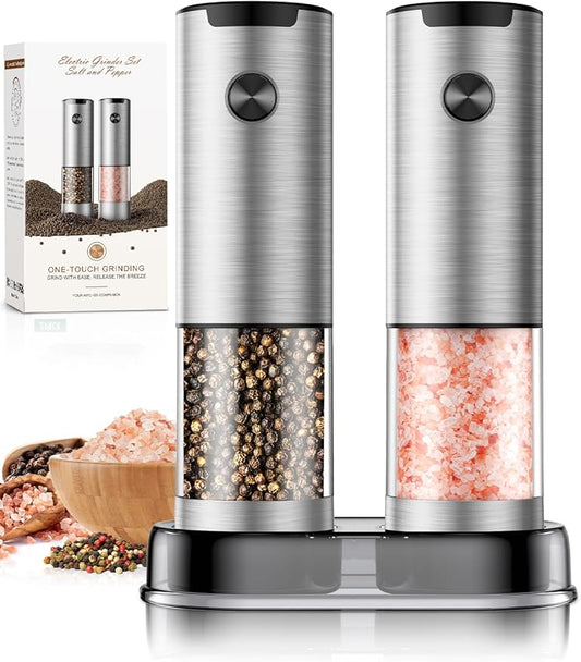 Stainless Steel Electric Salt and Pepper Grinder Set-One-Touch Battery Operated Mill with Adjustable Coarseness & LED Light, Sleek & Durable Grinder for Kitchen New Home Gift Ideas (2 Pack)