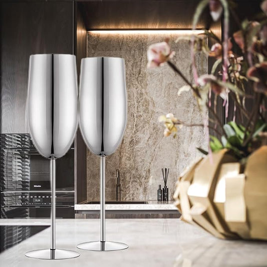 Champagne Glasses Set of 2 Stainless Steel Champagne Flutes Wedding Gifts for Bride 8.5 oz Unbreakable Champagne Glasses for Party Wedding Christmas Anniversary Brithday