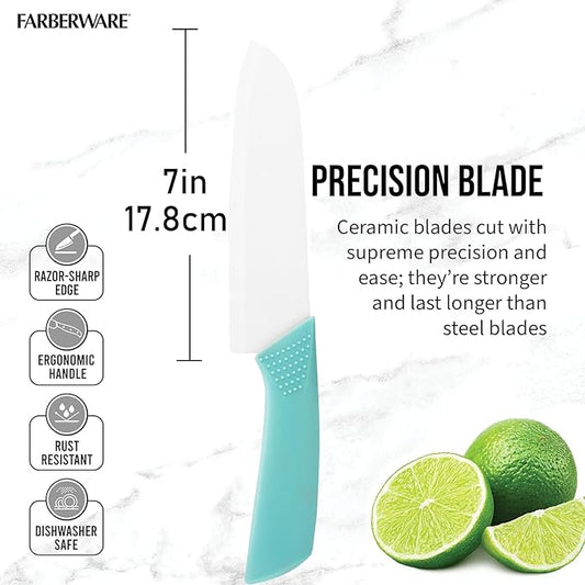 Ceramic Santoku Knife 7 Inch - High-Precision Blade for Meats, Fruits, and Vegetables - Durable Ceramic Blade with Protective Sheath - Sky Blue