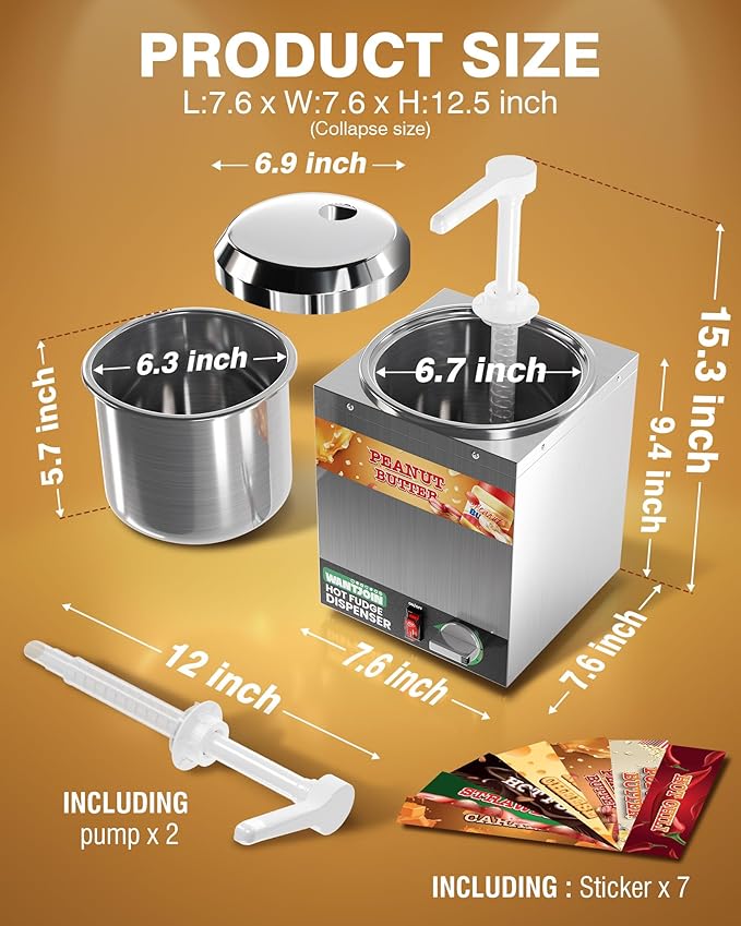 WantJoin 2.8Qt Nacho Cheese Dispenser with Pump - Nacho Cheese Warmer,Stainless Steel Hot Fudge Warmer W/5-Level Temperature Adjustment,Commercial Hot Fudge Dispenser for Caramel
