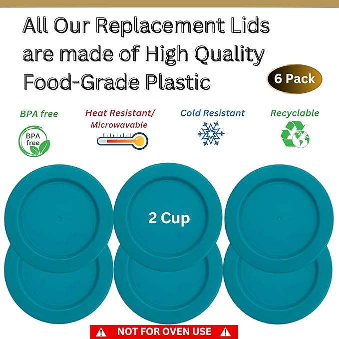 2 Cup/470 mL Turquoise Replacement Lids/Covers for Pyrex 7200-PC, 2 Cup/16oz Anchor Hocking & Klare Ware Storage Bowls *Lids Only* - *Glass Container Not Included* (6 Pack, Turquoise)