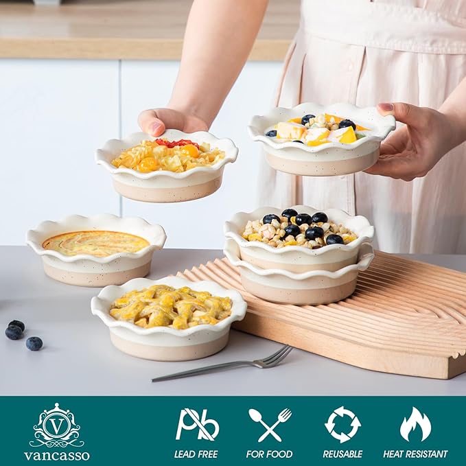 vancasso Mini Pie Pans Set of 6, 5.2 inch Ceramic Small Pie Plate for Baking, Shallow Ramekins Mini Pie Dish with Ruffled Edge for Chicken Pot Pie, Cake, Quiche, Tart, Cream Colored