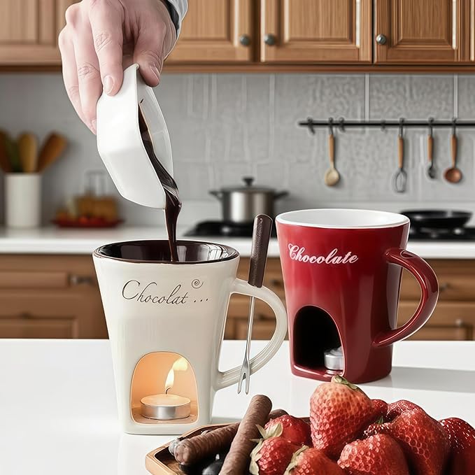 Sweet Fondue Cup,Chocolate Melting Fondue Mugs Set,Chocolate Melting Pot,Fondue Cups With Forks For Date Night Birthday Wedding Gifts (White)