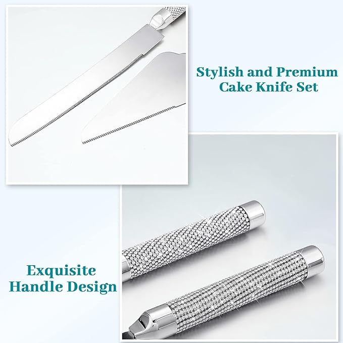 Elegant Wedding Champagne Flutes and Cake Knife Set, Features Rhinestone Rimmed Toasting Glasses and Cake Cutting Server for Couple’s Special Day (Silver)