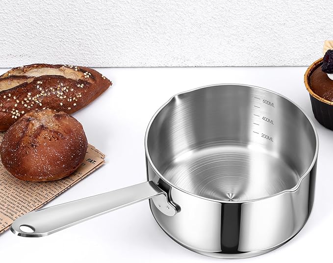Stainless Steel Butter Warmer Measuring Pan 20 OZ Small Sauce Pan 18/10 Tri-Ply Stainless Steel Saucepan with Dual Pour Spouts, 0.63 Quart