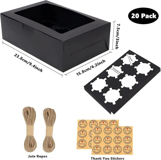 20 PCS Bakery Cupcake Boxes with Window & Inserts, Cupcake Carrier Containers 6 Holders Standard Cupcakes, Paper Muffin Boxes Treat Gift Boxes for Mini Cake, Cookies, Dessert, Pastry (Black)