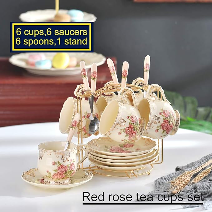 YOLIFE Ivory Pink Rose Tea Cups and Saucers Set of 6, 8 oz Vintage Floral Porcelain Tea Cups Set, Coffee Cups with Golden Rack