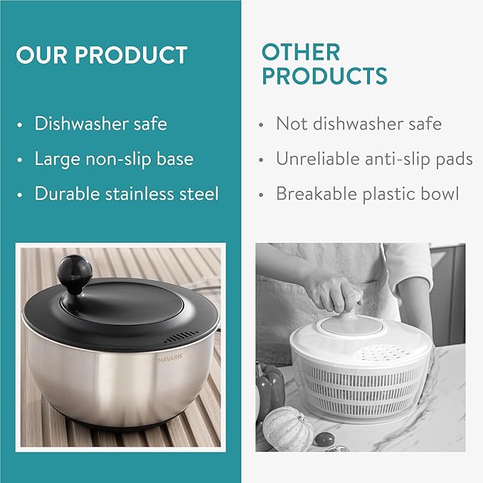 Navaris Salad Spinner with Storage Lid - Durable Stainless Steel Vegetable & Lettuce Dryer Set - Non-Slip Silicone Base - Includes Plastic Colander and Extra Storage Lid - Black