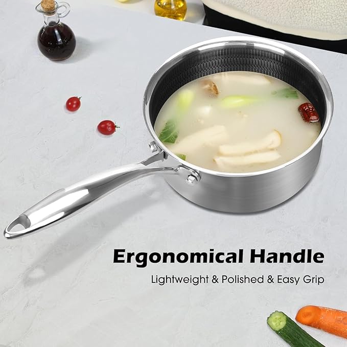 1QT Stainless Steel Saucepan With Lid, Honeycomb Non-stick Cooking Pot, Eco-Friendly PFOA-Free Coating, Compatible with All Cooktops, Perfect for Milk, Soup, Oatmeal & Baby Food, Dishwasher Safe